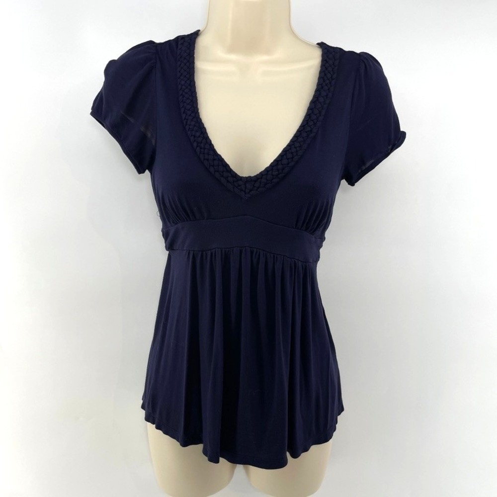 Y2K Babydoll  V-neck Top Jr. S Tie Back Navy Blue Knit  Bella Swan Elena Gilbert